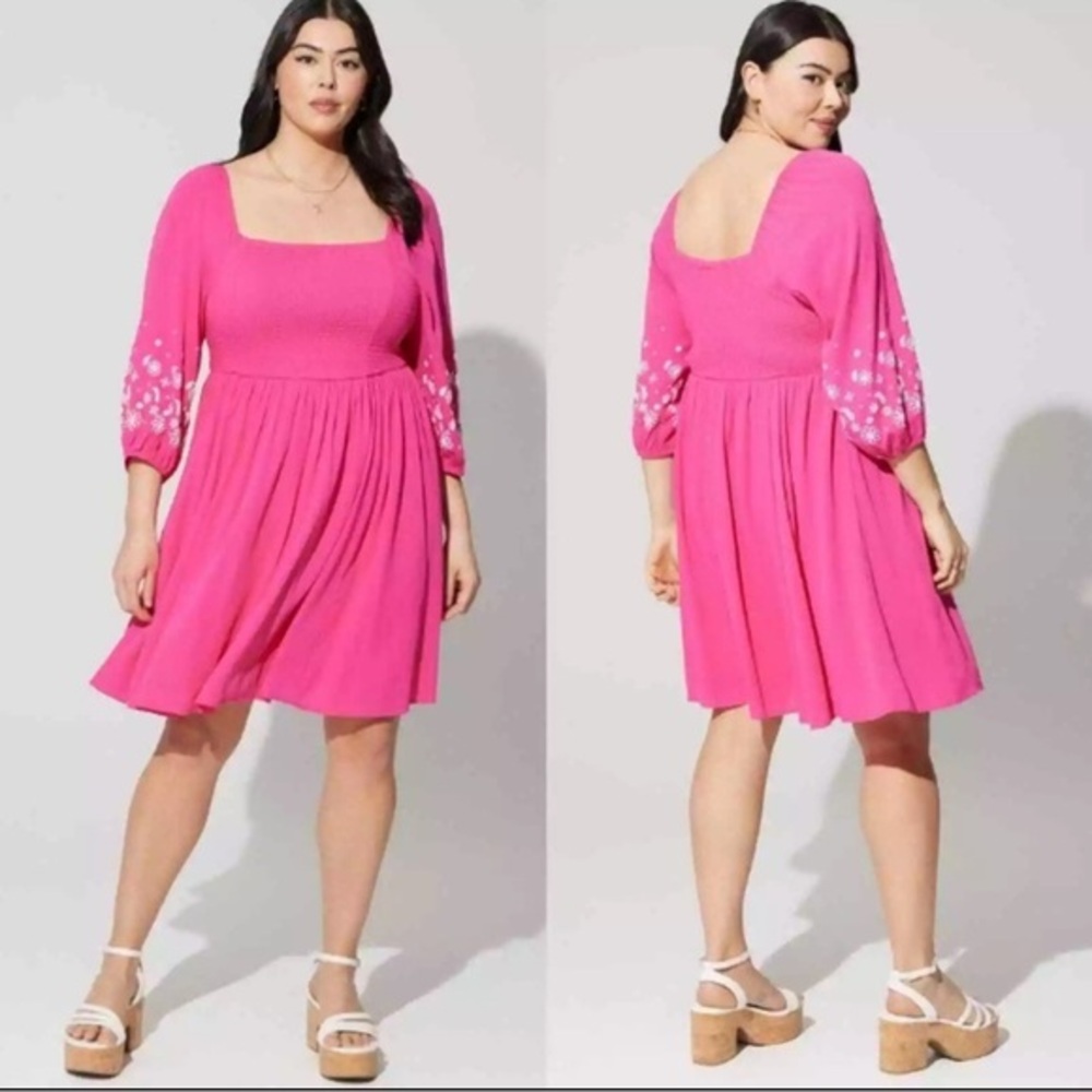 Torrid Mini Crinkle Gauze Blouson Sleeve Dress In Cabaret Pink size 2